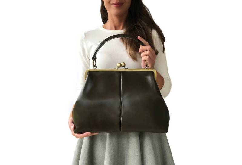 Taschenkinder Handtasche Damen Ledertasche "Vintage Olive" Henkeltasche und Schultertasche (einfach), Echtes Glattleder vom Rind von Taschenkinder