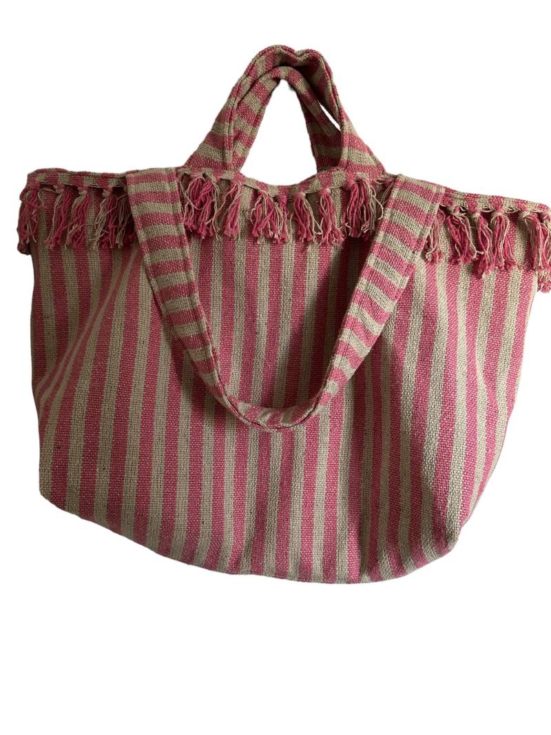 xxl Shopper Schultertasche Umhängetasche Strandtasche Badetasche Markttasche Einkaufstasche Boho Pink Streifen Handmade Recycelte Baumwolle von TaschenmachereiAJ