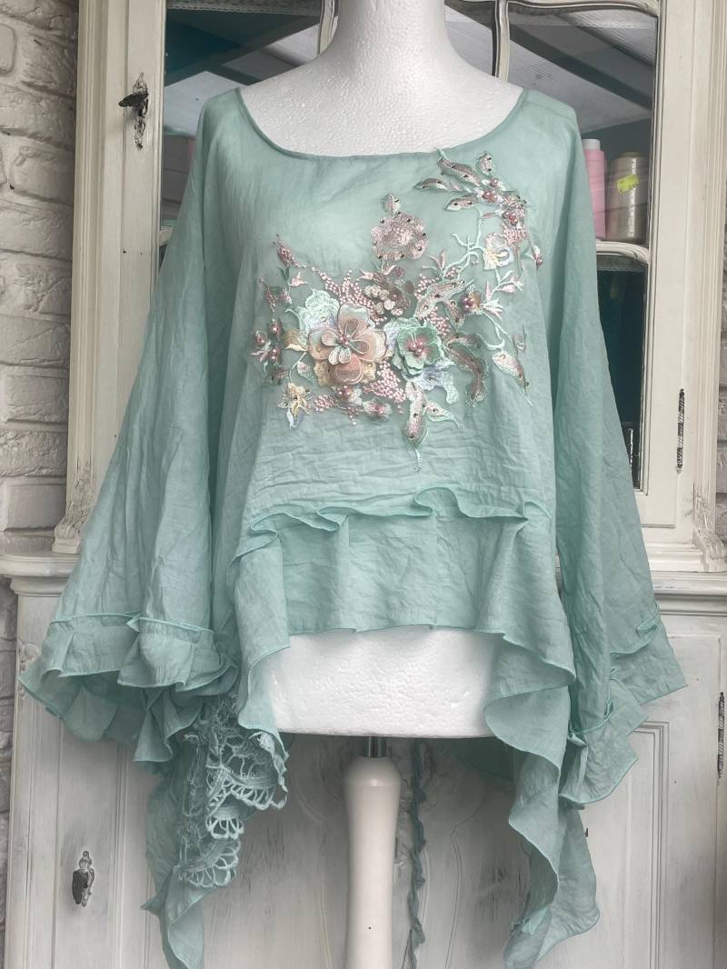 Bluse Baumwollbluse Bohobluse Oversized Lagenlook Taschenwerk Einheitsgröße 36 Bis 48 Longbluse Mintfarben Handgefärbt von TaschenwerkCS