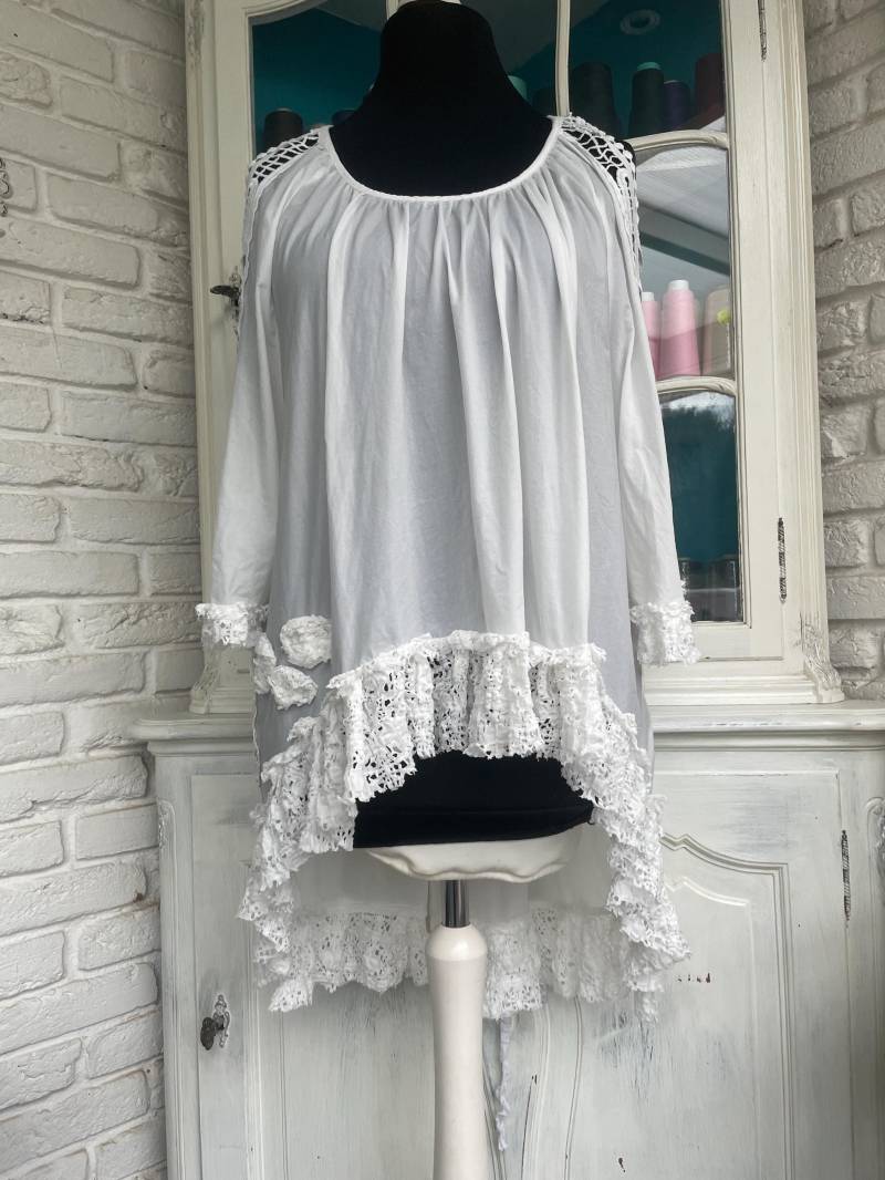 Bluse Weiß Mit Rüschen Größe 40 Bis 54 Oversized Lagenlook Zum Binden von TaschenwerkCS