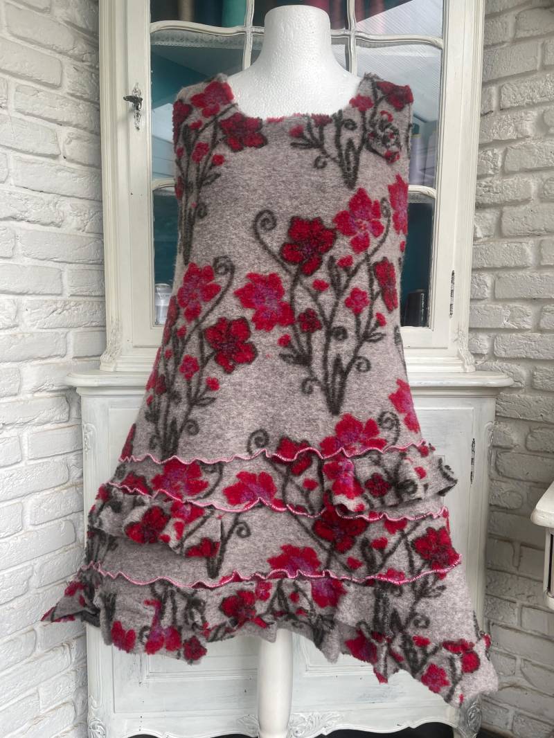 Neu Kleid Tunika Aus Wollwalk Musterwalk Hellgrau Mit Blumen in Rot Und Rosa 42 44 46 von TaschenwerkCS