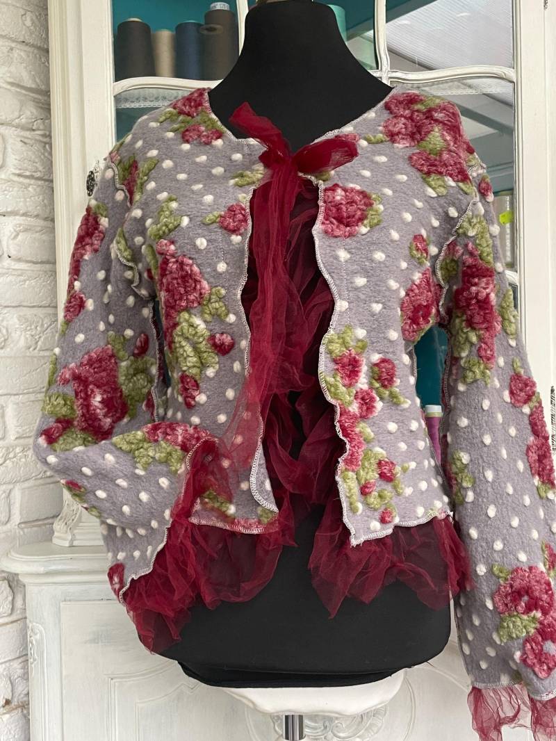 Taschenwerk Jacke Aus Wollwalk Musterwalk in Grau Mit Rot Größe 36 Bis 40 von TaschenwerkCS