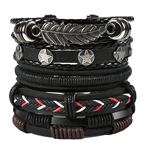 Tashce 5 Stück Men Lederarmband Punk Geflochtenen Seil Armbänder, Alloy Bracelet Bangle Wristband Geflochtene Manschettenwickel Set, Rock Gothic Deko Verstellba von Tashce