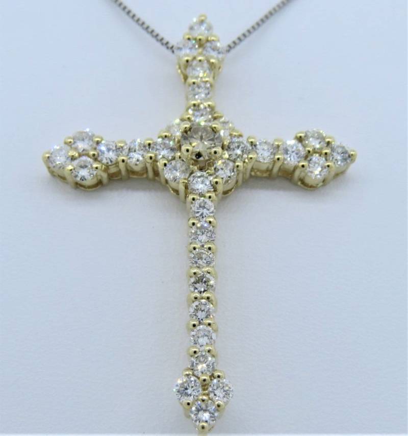 14K Gelbgold 1, 41 Karat Weiß Und Champagner Diamantkreuz Kreuz Im Antiken Stil in Zinkfassung Gelbgoldkreuz von Tasiyanjewelrydesign