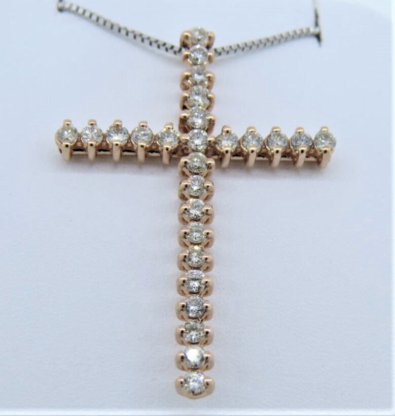 14K Rose Gold 0, 76 Karat Diamant Kreuz Anhänger/Prong Set Christliche Kette Religiöse Halskette Geschenk Für Sie von Tasiyanjewelrydesign