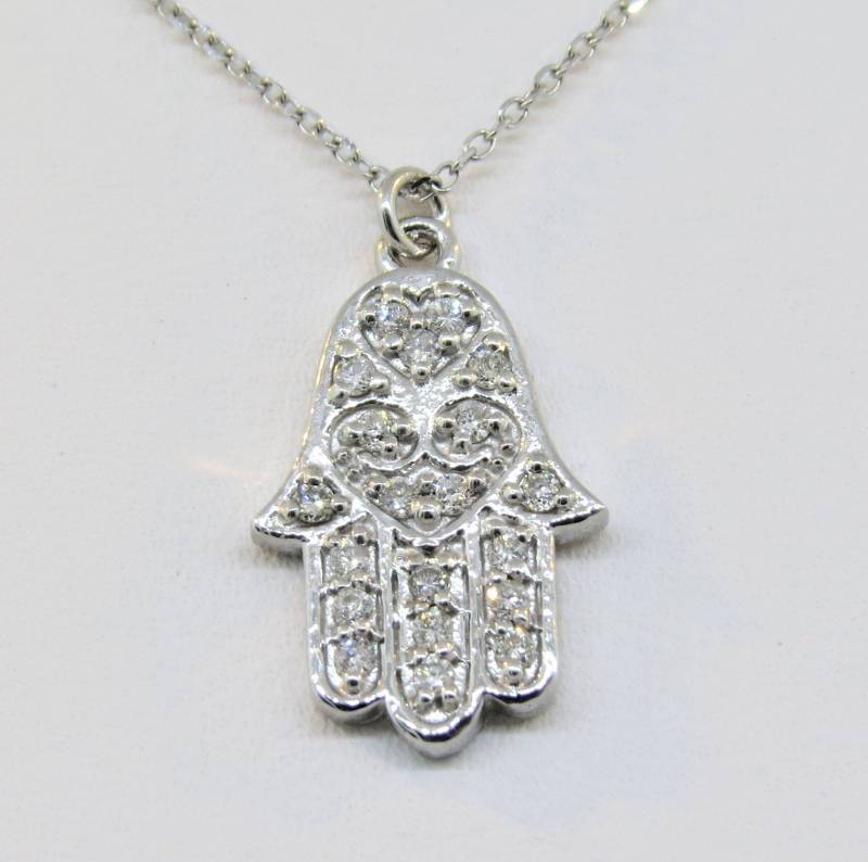 14K Weißgold 0, 20 Karat Diamant Hamsa Good Luck Anhänger Hand Charm Halskette Jejuda Evil Eye Mit 16 "Kette von Tasiyanjewelrydesign