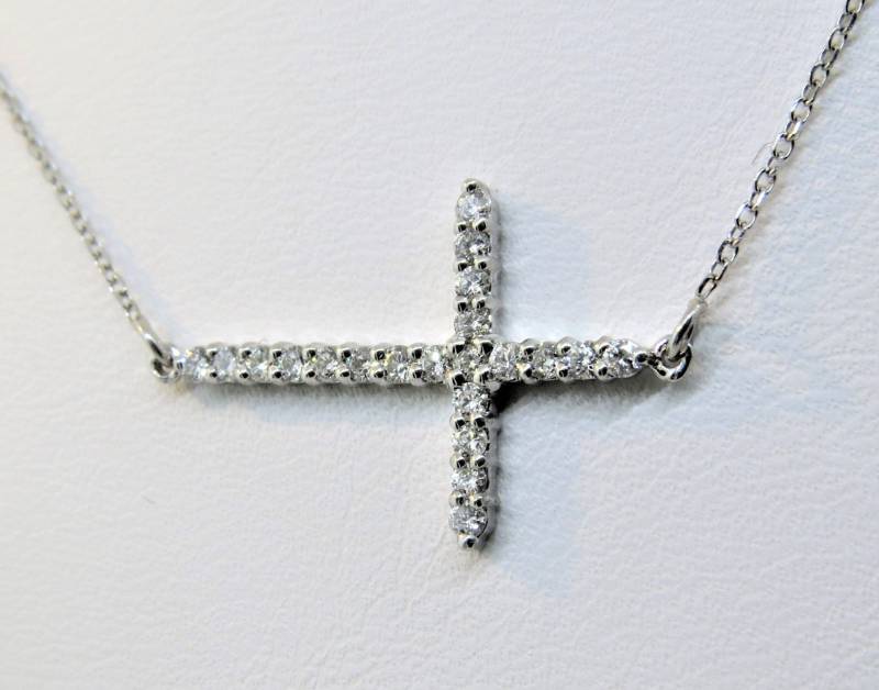 14K Weißgold 0, 21 Karat Diamant Seitlich Kreuz Anhänger/Diamondcross Halskette Religiöses 16 "Kette, Geschenk Für Sie von Tasiyanjewelrydesign