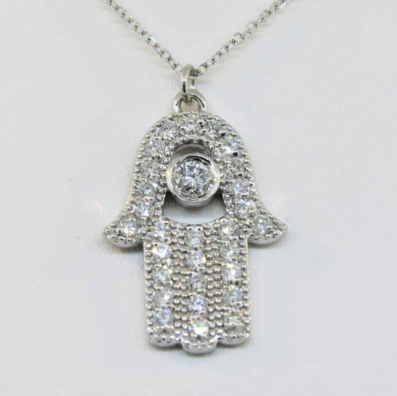 14K Weißgold 0, 48 Karat Diamant Hamsa Good Luck Anhänger Hand Charm Halskette Jejuda Evil Eye Mit 16 "Kette von Tasiyanjewelrydesign