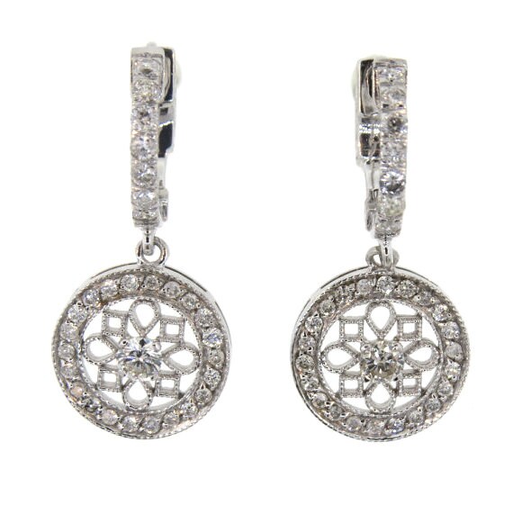 14K Weißgold 0.96Ct Tropfen Diamant Ohrringe Vintage Antik Stil Halo Micro Pave von Tasiyanjewelrydesign