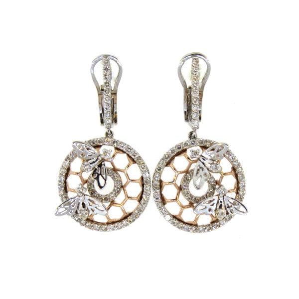 14K Zweifarbige Weiß - Und Roségold 1, 51 Karat Diamant Biene Auf Honig Kamm Ohrringe, Tropfen Baumeln Bienen Geschenk Für Sie 14K Zweifarbige Weiß - Und Roségold 1, 51 Karat Diamant Biene Auf Honig Kamm Ohrringe, Tropfen Baumeln Bienen Geschenk Für Sie von Tasiyanjewelrydesign