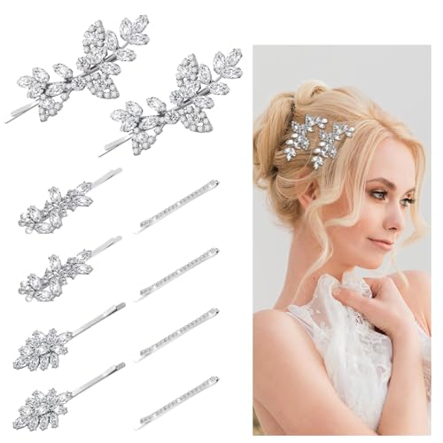 10 x Strass-Hochzeits-Haarspangen, glänzende Blume, Braut-Haarnadeln, Silberblatt-Haarspangen, Kristall-Haarnadeln für Bräute, elegante Strass-Haar-Accessoires für Bräute, Frauen, Mädchen von Tasodin
