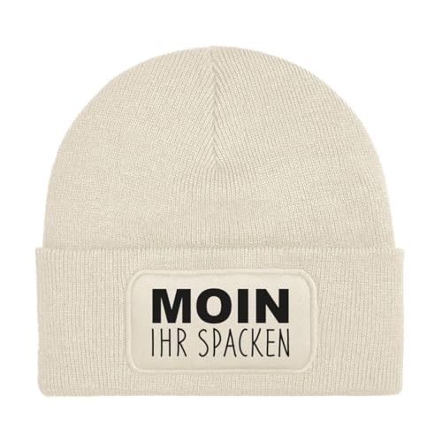 Beanie - Wollmütze mit Spruch: Moin Ihr Spacken - Strickmütze lustig als Geschenk für Freund, Mann und Männer oder Freundin, Frau - Kappe, Mütze (DE/NL/SE/PL, Alphanumerisch, Einheitsgröße, Beige) von Tassenbrennerei