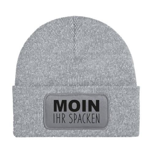 Beanie - Wollmütze mit Spruch: Moin Ihr Spacken - Strickmütze lustig als Geschenk für Freund, Mann und Männer oder Freundin, Frau - Kappe, Mütze (DE/NL/SE/PL, Alphanumerisch, Einheitsgröße, Grau) von Tassenbrennerei