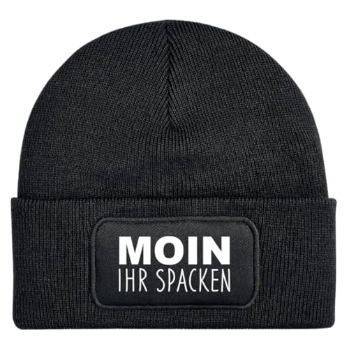 Beanie - Wollmütze mit Spruch: Moin Ihr Spacken - Strickmütze lustig als Geschenk für Freund, Mann und Männer oder Freundin, Frau - Kappe, Mütze (DE/NL/SE/PL, Alphanumerisch, Einheitsgröße, Schwarz) von Tassenbrennerei