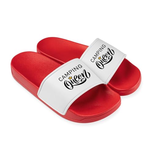 Camping Queen Badelatschen Damen - Lustige Hausschuhe, Schlappen - Badeschuhe, Badeschlappen lustig Camper Geschenke für Camper (Rot, EU Schuhgrößensystem, Erwachsene, Numerisch, M, 39) von Tassenbrennerei