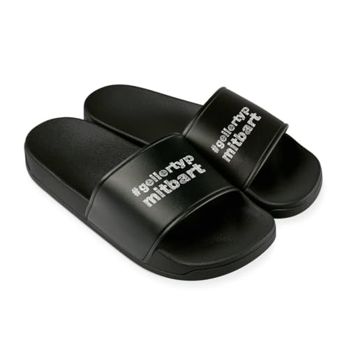 Geiler Typ mit Bart Badelatschen für Herren - Lustige Hausschuhe, Schlappen - Badeschuhe lustig Badelatschen Geschenk für Männer (Schwarz/Schwarz, EU Schuhgrößensystem, Erwachsene, Numerisch, M, 41) von Tassenbrennerei