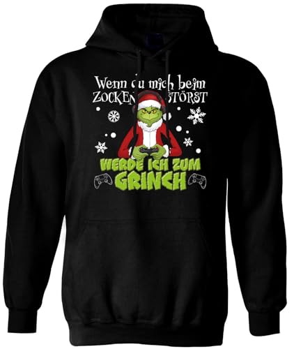 Grinch Pullover Wenn Du Mich beim Zocken störst, werde ich zum Grinch - Gaming Hoodie, Weihnachtspullover - Geschenk Männer, Gamer (DE/NL/SE/PL, Alphanumerisch, 5XL, Große Größen, Regular, Schwarz) von Tassenbrennerei