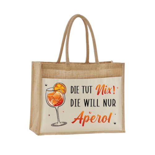 Tassenbrennerei Jutetasche - Die tut nix! Die will nur Aperol - Shopper, Strandtasche oder als Geschenk-Tasche - Geschenkidee, Geschenkset für Frauen, Kollegin (26 x 22 x 14 cm (klein)) von Tassenbrennerei