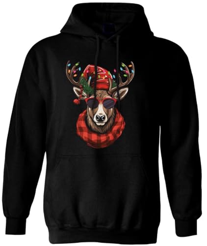 Weihnachtspullover Cooler Elch - Hoodie mit Schaal und Lichterketter - Pulli für Weihnachten für die ganze Familie - Herren & Damen (DE/NL/SE/PL, Alphanumerisch, L, Regular, Regular, Schwarz) von Tassenbrennerei