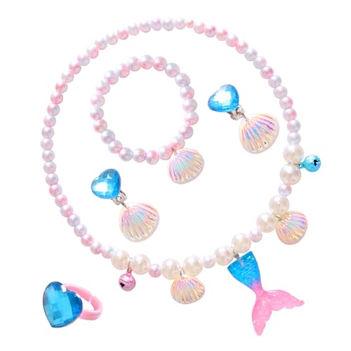Tasttin Meerjungfrau-Schmuck-Set für Mädchen im Alter von 4–8 Jahren, enthält Perlenkette, Armband, Ring und Ohrringe, perfekt für Verkleidungen, Partys oder den täglichen Gebrauch für Geburtstage von Tasttin