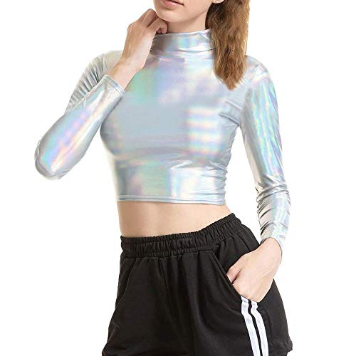 Tasty Life Frauen T-Shirt Langarm Top Fashion Reflektierende Sweatshirt Metallic Dance Wear Punk Top Hohe Stretch Herbst Winter Shirt(XXL,Laser) von Tasty Life