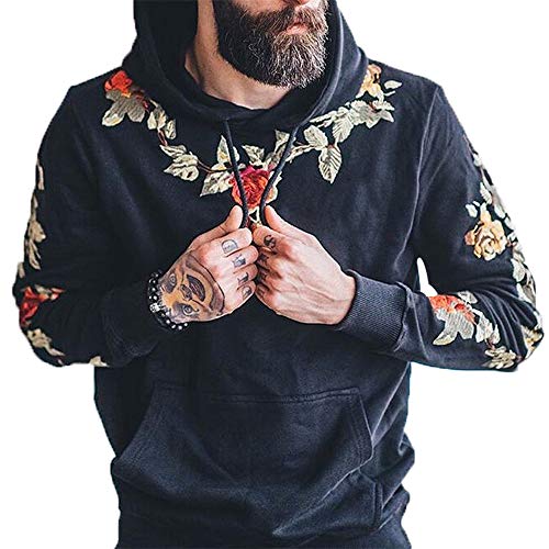 Tasty Life Herren Sport-Sweatshirts Fashion Punk Streetwear Sweatshirt Harajuku Japanese Hoodie Besticktes Blumen-Kapuzen-Sweatshirt Für Herren Und Damen(XL,Black) von Tasty Life