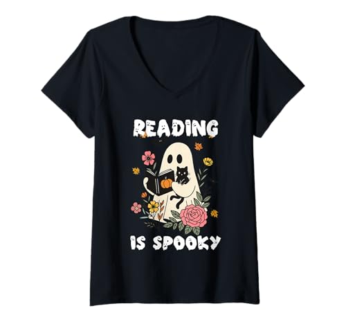 Damen Lesen ist gruselig Halloween-Bücherwurm Leser und Lehrer T-Shirt mit V-Ausschnitt Damen Lesen ist gruselig Halloween-Bücherwurm Leser und Lehrer T-Shirt mit V-Ausschnitt von Tasty Space Reading Is Spooky Apparel