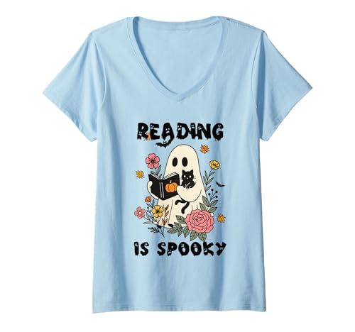 Damen Lesen ist gruselig Halloween-Bücherwurm Leser und Lehrer T-Shirt mit V-Ausschnitt von Tasty Space Reading Is Spooky Apparel