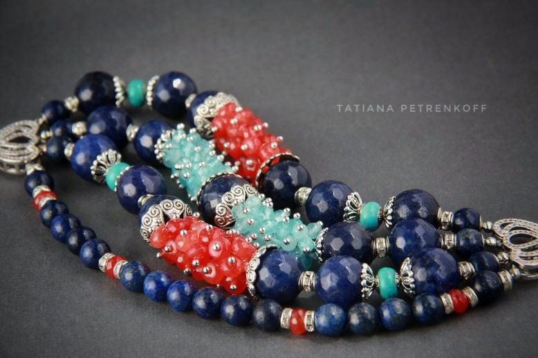 Lazuli Armband, Natürliche Lapis Lazuli, Edelstein Armbänder Blau Multi-strang Navy Armband Schmuck Silber von TatPetrenkoffJewelry