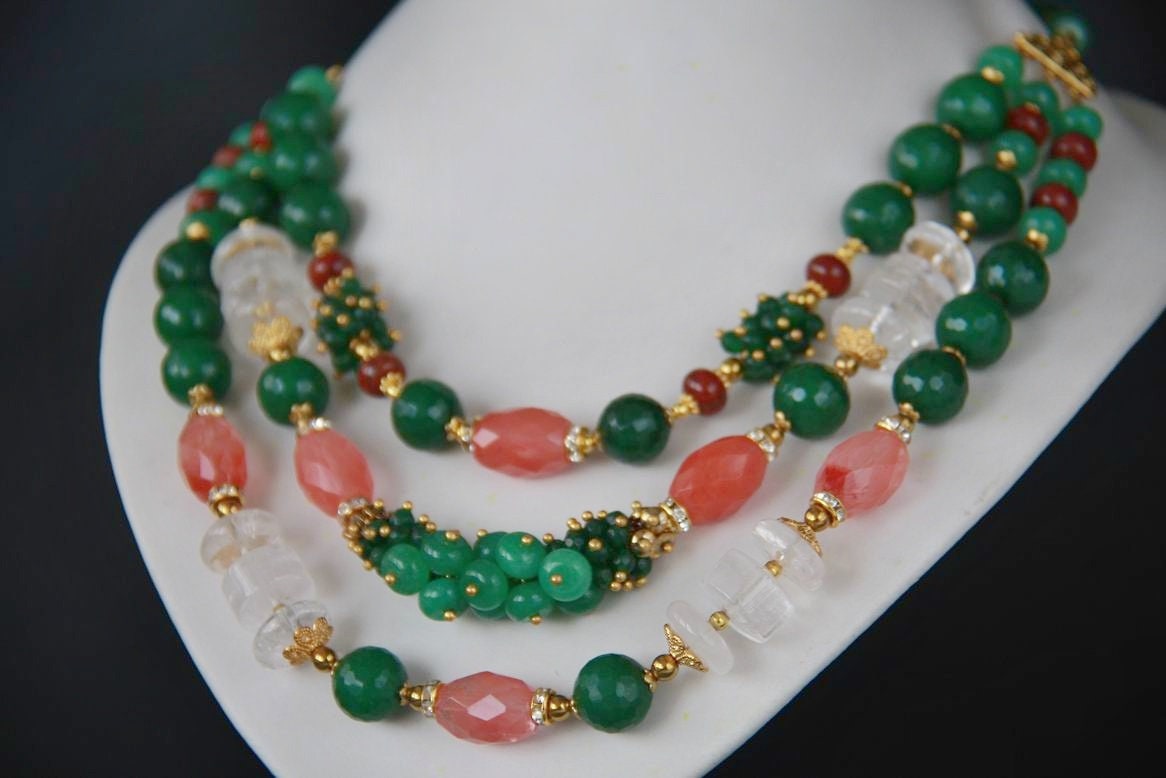 Smaragd Grün Achat Halskette Rosa Quarz Statement Mai Birthstone Schmuck Edelstein Brautjungfer Weihnachten Frauen Geschenke von TatPetrenkoffJewelry