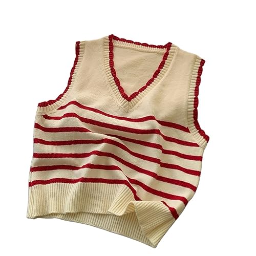 Ärmellos Strick Weste,Weiß-Roter, Schlanker Strickpullover Für Damen, Farblich Passend, Makramee-Strickwesten Mit V-Ausschnitt Und Streifen, Süße, Ärmellose College-Pullover, Tank-Tops Für Da von TATBUL