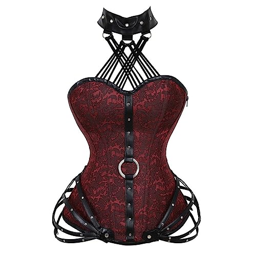 Corset Topdamen Gothic Neckholder Korsett Top Rot Vintage Jacquard Leder Charm Korsett Bustier Überbrust Halloween Steampunk Pirat Body Shaper Wiast Cincher Mieder, 5Xl von TatbUL