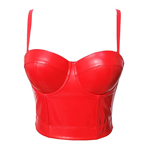 Corset Topmodisches Rotes Lederkorsett Für Damen, Spaghettiträger, Schmales Crop-Top, Überbrust, Push-Up-Bustiers, Korsett, Gothic, Punk, Body Shaper, Taille, Cincher, Ohne Knochen, Mieder, M/36B von TatbUL