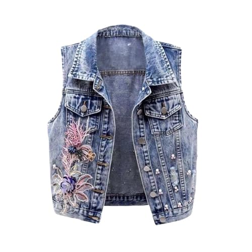 Damenwesten Sommer,Kurze Damen-Jeansweste Mit Boho-Applikation, Blaue Vintage-Perlen, Ausgefranste, Zerrissene Jeansweste, Modische Jeansjacke Mit Klappentaschen, Weste, Ärmelloser Mantel, Xl von TatbUL