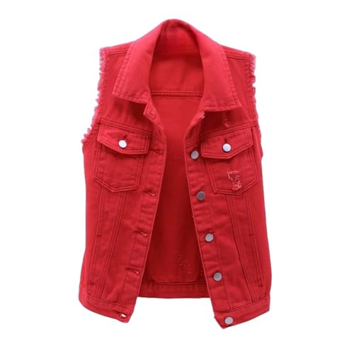 Jeans Weste Für Männer,Rote Kurze Damen-Jeansweste Für Den Sommer, Schlanke, Ausgefranste, Zerrissene Jeansweste, Geknöpfte Jacke Mit Taschen, Gewaschene Jeansjacke, Weste, Ärmellose Strickjack von TatbUL