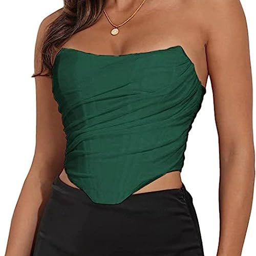 Korsett Damendamen Einfaches Mesh-Gaze-Korsett-Oberteil, Dunkelgrün, Sexy, Tief Ausgeschnitten, Schulterfreies Korsett, Bustier, Unregelmäßig, Schmal, Überbrust-Bustier, Body Shaper, Dessous, Oh von TatbUL