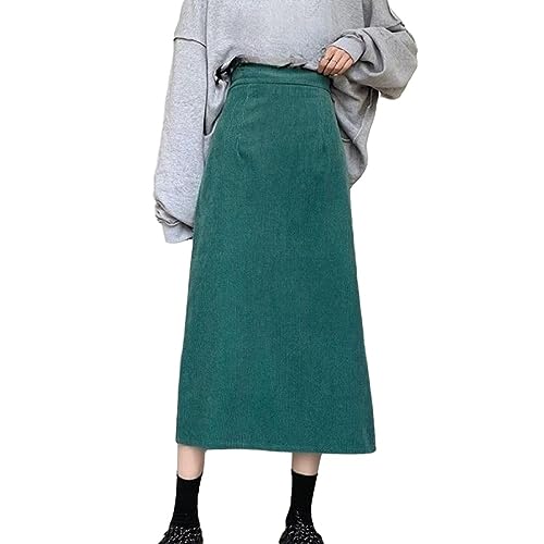 Röcke Für Damen,Grüner Schmaler Midirock Für Damen Im Vintage-Stil, Gerader Cordrock, Elastischer A-Linien-Bleistiftrock Mit Hoher Taille, Warmer, Lässiger Langer Herbstrock Für Mädchen Und D von TatbUL