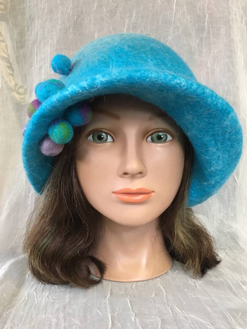 Ooak Nass Gefilzte Merinowolle Blau Türkis Gelb Grün Hut Cloche Tatiana123 von Tatiana123