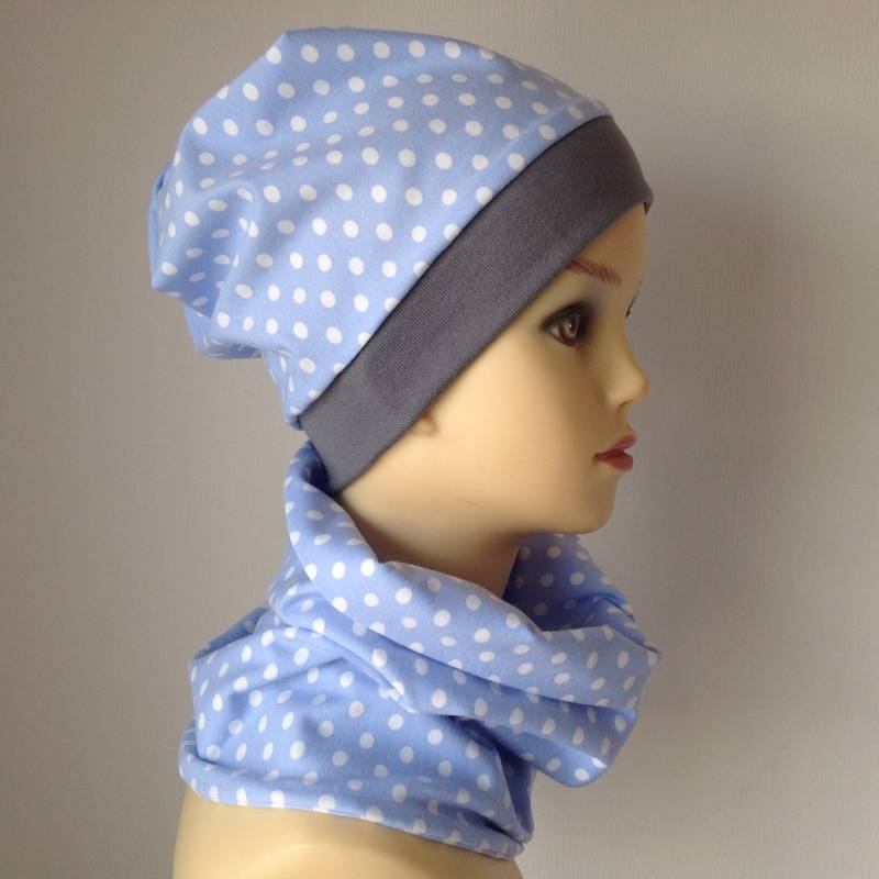 Kinder Mütze , Beanie Loop Für Ku 49-54 cm Schlicht Hellblau, Grau von TatisZauberwelt