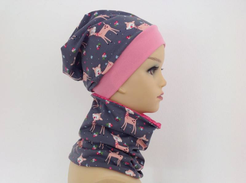 Kinder Mütze , Beanie Loop Für Ku 50-55cm Grau Rosa Reh Motiv , Wunsch Größen Möglich von TatisZauberwelt