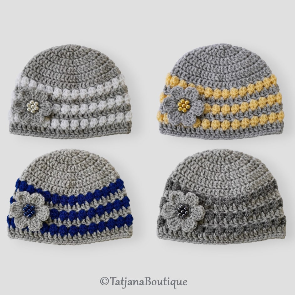 Gehäkelte Babymütze Beanie, Baby-Dusche-Geschenk, Baby-Mädchen-Mütze Silber Grau Gelb Königsblau, Gehäkelte Blume Perlen Verziert von TatjanaBoutique