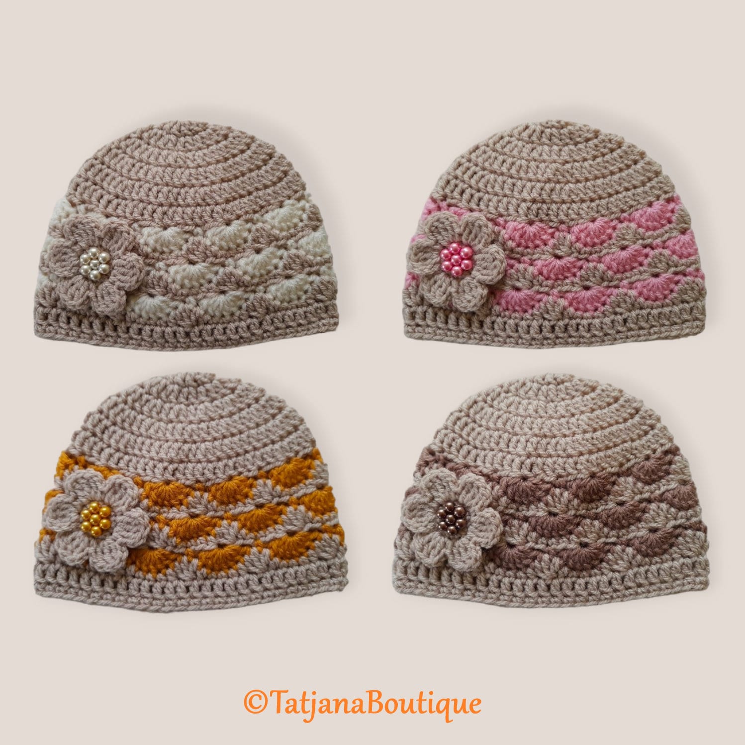 Gehäkelte Babymütze Beanie, Baby-Dusche-Geschenk, Baby-Mütze Beige Rosa Elfenbein Ocker Walnuss, Gehäkelte Blume Perle Perlen Verziert von TatjanaBoutique