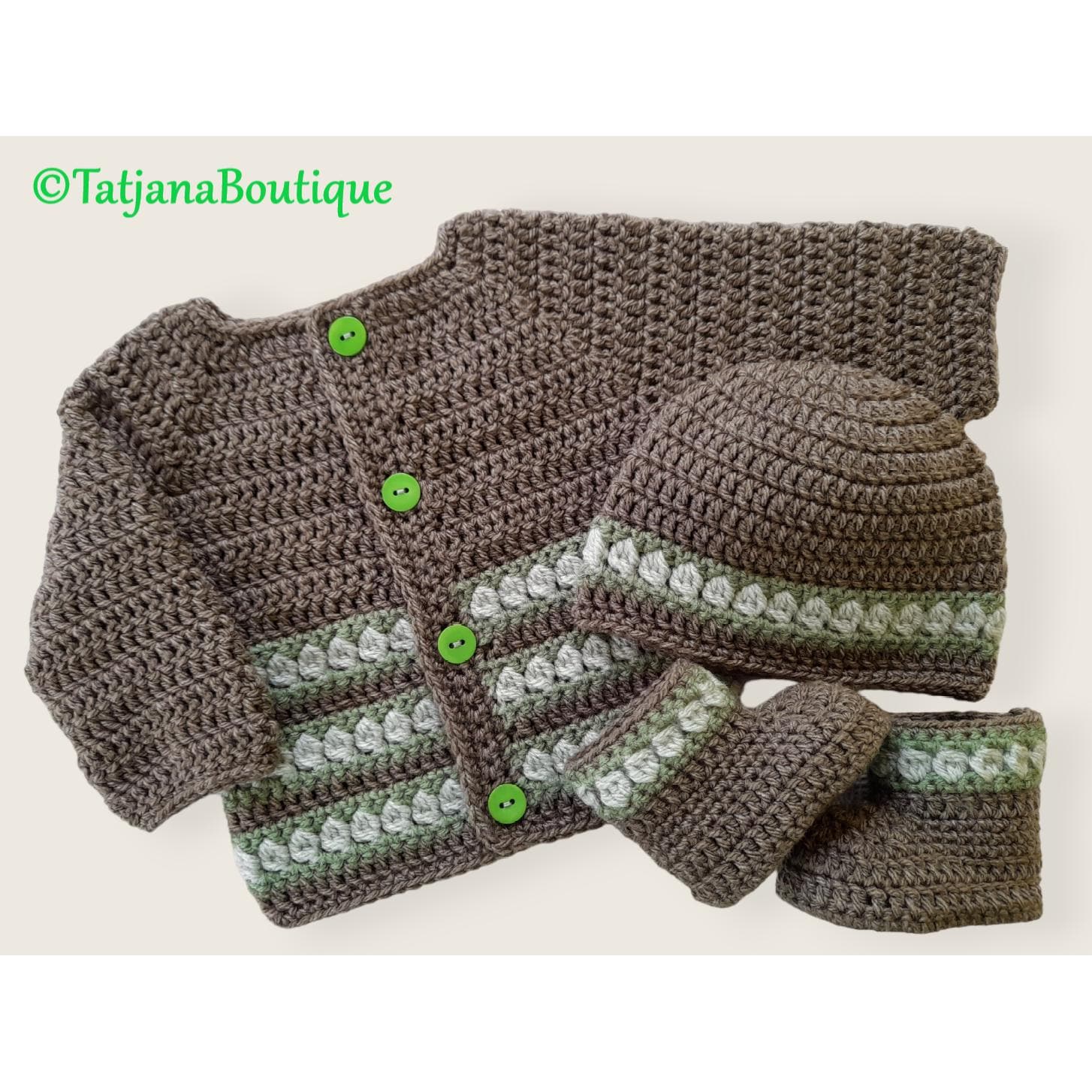 Häkeln Baby Strickjacke, Mütze Und Booties Set, Geschenk, Khaki Sage Grün Farben Strickjacke Booties, Häkeln Outfit, Baby-Dusche-Geschenk von TatjanaBoutique