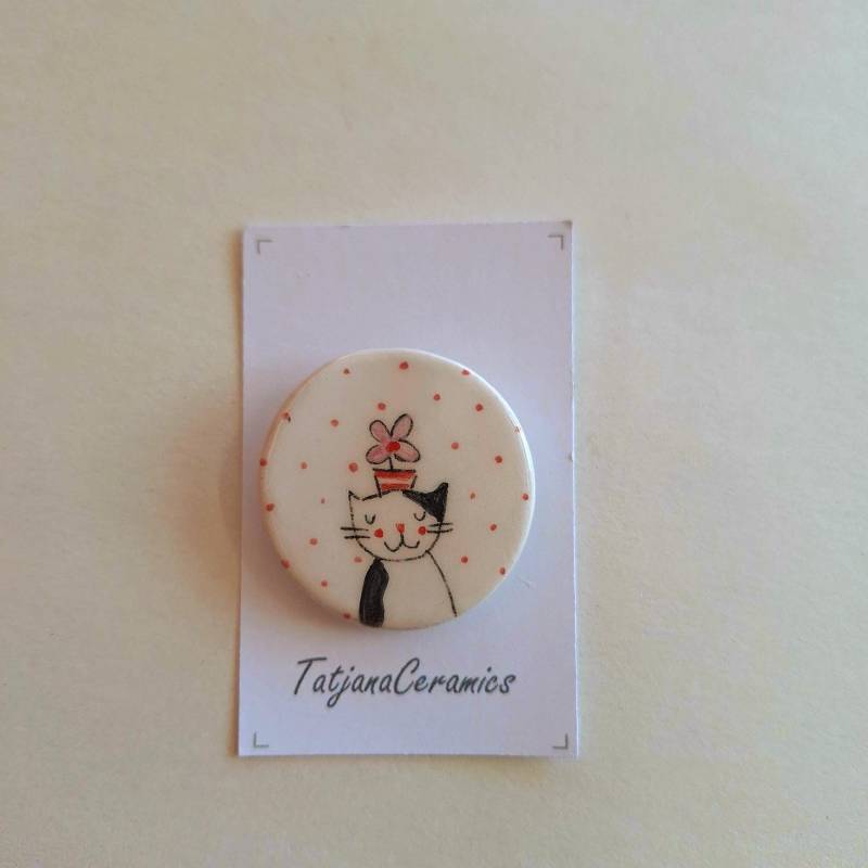 Süße Katze Handbemalt Brosche, Süße Keramik Handgemachter Katzen Pin, Süßer Schmuck Süße Katze Handbemalt Brosche, Süße Keramik Handgemachter Katzen Pin, Süßer Schmuck von TatjanaCeramics