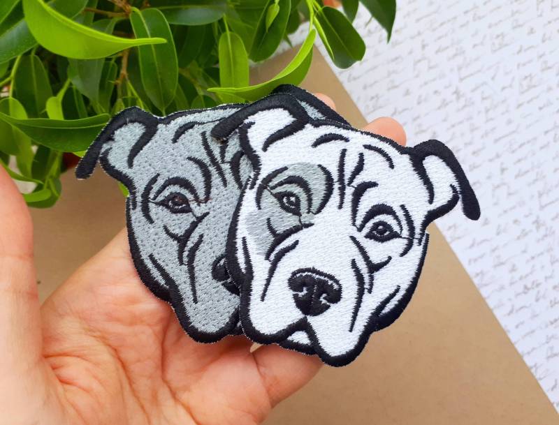 Iron-On Patch American Pit Bull Terrier Hund Kopf Aufbügel Aufbügler Aufnäher Applikation Grau von TatjanaStickerei