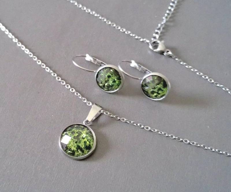 Set Halskette Klappohrringe Aus Edelstahl Mit Facettiertem Cabochon in Leopard Design von TatjanasJewelry