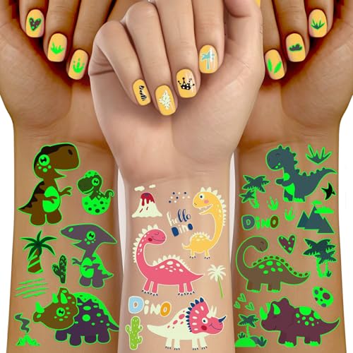 TatoYard Dino Tattoo Kinder, 30 Blätter Leuchttattoos Kinder Tattoo für Kinder Geschenke, Dino Deko Kuscheltier für Kindergeburtstag Mitgebsel Geschenk für Mädchen Jungen von TatoYard