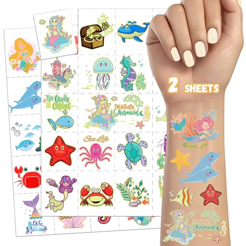 TatoYard 38 Stück Meerjungfrau Tattoo Kinder – 2 Blätter Glitzer + Leucht Tattoo für Mädchen, als Mitgebsel Kindergeburtstag für Kinder, Geburtstagsdeko Kleine Geschenke für Kinder von TatoYard