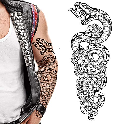Tatodays temporäres tattoo mit vollem arm, schlangen-python-rosen, zum aufkleben, körperkunst-transfer für frauen und männer, cosplay, halloween, erwachsene, temporäres fake-tattoo, biker von Tatodays