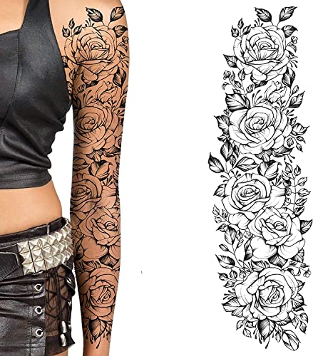 Temporäre tattoo-ärmel für frauen aufklebbare blume rose flora blumen erwachsener temporärer tattoo-aufkleber übertragung weiblicher körper kunst realistisch wasserdicht (Schwarze Rosen) von Tatodays
